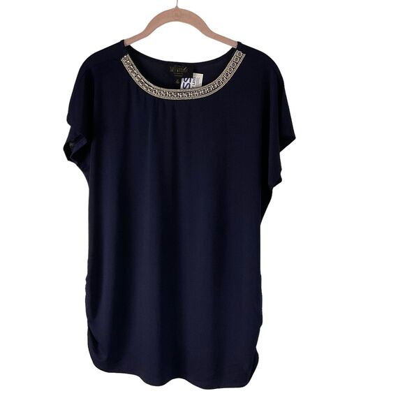 Sweet Wanderer Maternity Medium Navy Blue Embellished Neckline Blouse Top New - Picture 11 of 14